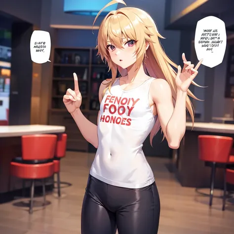 anime, male, shirt, femboy hooter text on shirt, mini pants, 