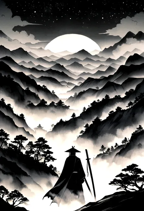 Black and white painting、Ink Painting、The samurai has a sword, Starry sky and fog cover the landscape.Facing the audience