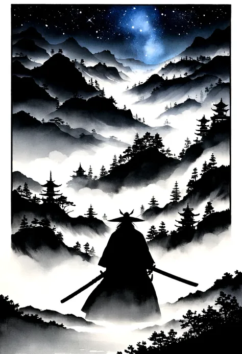 Black and white painting、Ink Painting、The samurai has a sword, Starry sky and fog cover the landscape.Facing the audience