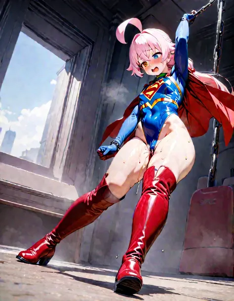 (full body), (masterpiece:1.2), (Highest_quality:1.2), (Ultra_detailed:1.3), 8K, Low - Angle，From below， 1 Girl，alone，大きなButtの女の子, red knee high long boots，wearing spcc costume with cape，( Supergirl), Blue leotard，Red mini skirt，Red Cape，gloves，hoshino-pon...