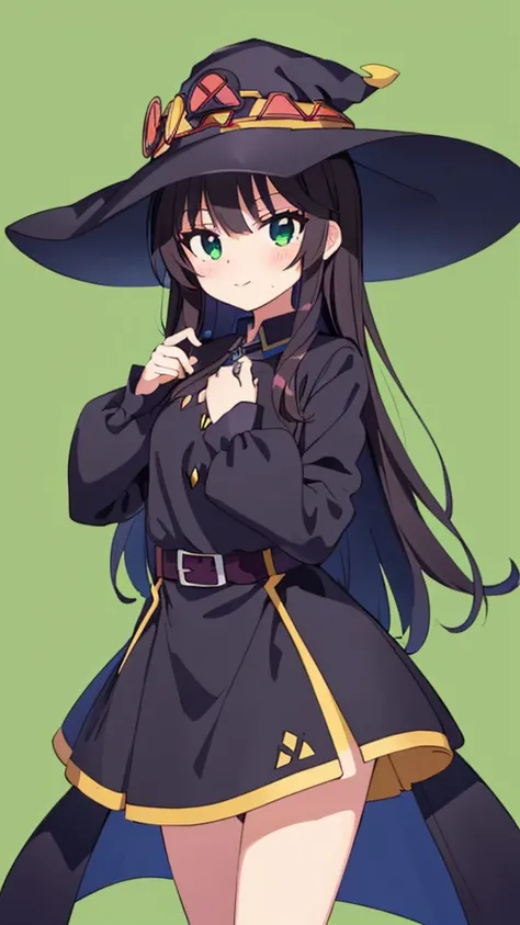 Close-up of a person in a hat and dress, witch academia, Black-haired wizard, flirty anime witch casting magic, witch girl, witch, witchy, Anime Moe Art Style, classical witch, marisa kirisame, Megumin, Anime girl in a black dress, bright witch, fashionabl...