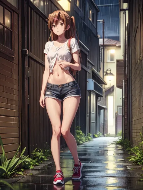 Girl, tight shorts, Unbuttoned shirt on a naked body, Bare breasts, chest visible, street  background, Narrow passage between houses, night, rain, slim body, In full growth, Sneakers, slim ass, small breast 