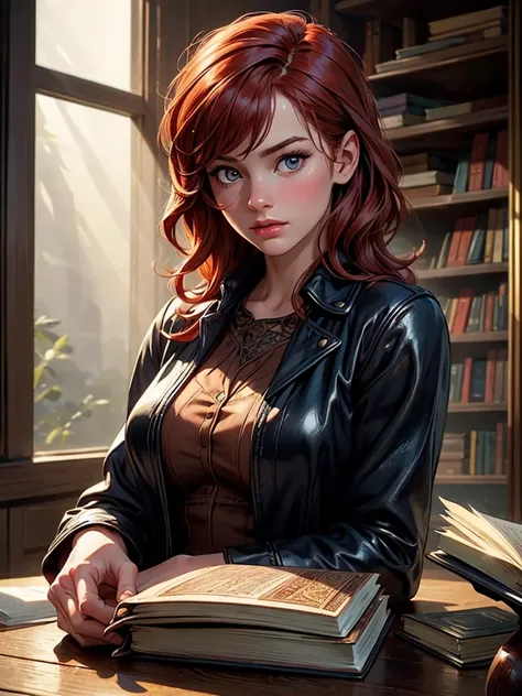 A sophisticated woman in a vintage bookstore, engrossed in an ancient, leather-bound tome, with dusty rays of light streaming through antique windows masterpiece, best quality, intricate, realistic, photorealistic, red hair, , sultry look, seductive,
