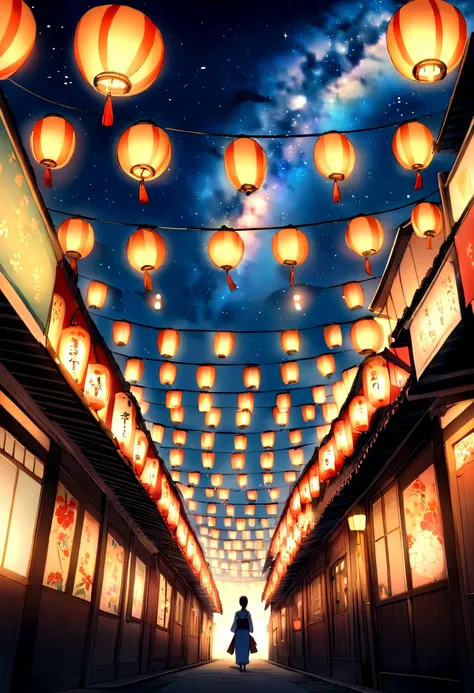 Summer festival、Japan、Bon dance、Milky Way in the light blue sky、The composition ratio of the sky is 60%、No people、The number of lanterns６t