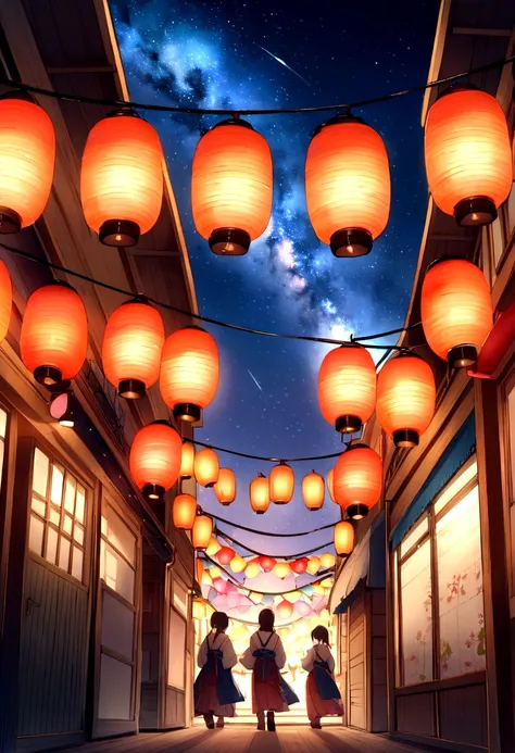 Summer festival、Japan、Bon dance、Milky Way in the light blue sky、The composition ratio of the sky is 60%、No people、The number of lanterns６t