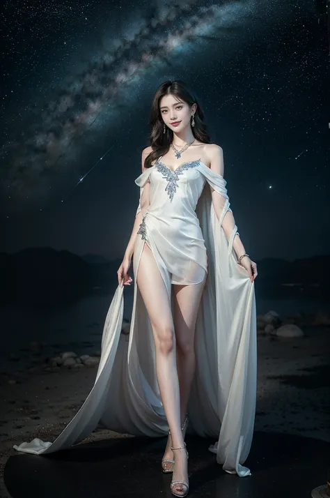 (((best quality))),(((ultra detailed))),(((masterpiece))),illustration,((A beautiful female astrologer,solo)),((slim,thin)),((small breasts,flat chest)),((shoulder length straight hair)),(laughing:1.2),(earrings,necklace),(sparkled sheer shirt-dress:1.3),(...