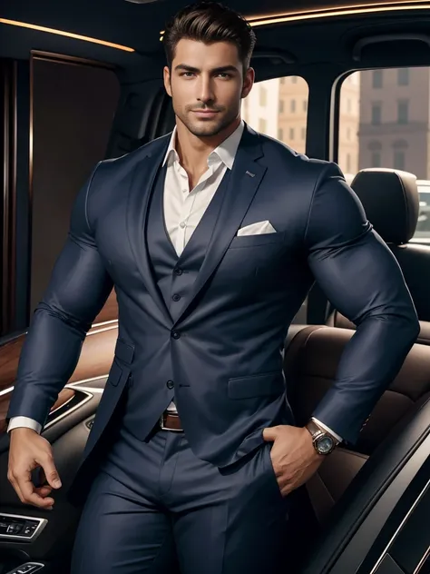 8K，8K resolution，2 Muscular Europeans, handsome man，charming eyes，dark skin,beautiful, smooth and shiny，Full muscles，Thick body hair， (wearing a stylish suit)，big bag highlights，Excellent j8，emphasize，Driving a luxury convertible，The car is full of roses，T...