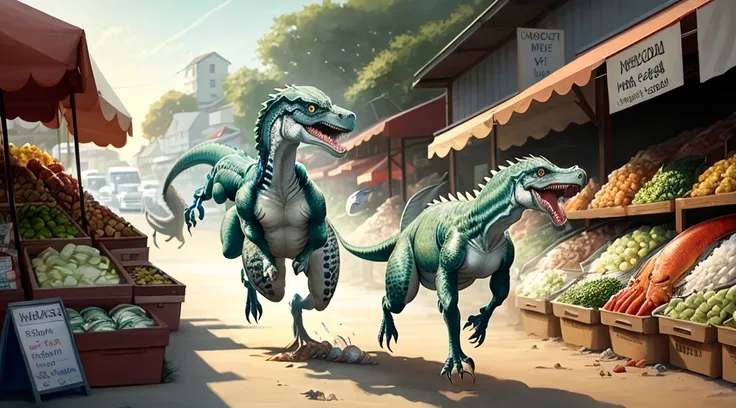 A velociraptor is running away with a small fish in his arms，The background is the seafood market，The vegetable stall owner is chasing behind