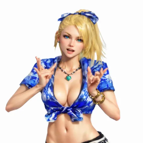 a close up of a blonde girl with a shirt, shes stretching her hands towards the camera as to take it and kiss it, shes American, pale blue eyes, as a character in Out Run 2, of SEGA, 3D CG, Clarissa, 2k, 2 k, she has THREE GOLD simple round bracelets on he...