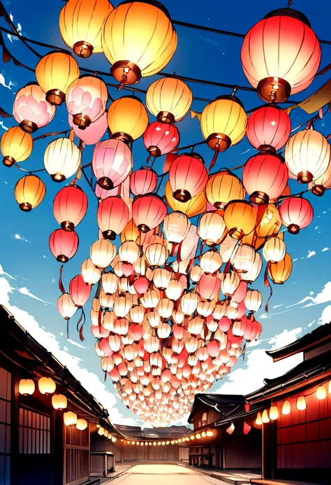 Summer festival、Daytime、Japan、Bon dance、Light blue sky、The composition ratio of the sky is 60%、No people、The number of lanterns６t