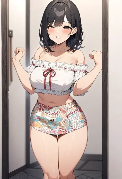 masterpiece,ultra detailed,1woman,off-the -shoulder short summer blouse,pattern skirt,standing,at tokyo,curvy body,medium straight hair,cute japanese gravure idol,black hair,(tareme),happy smile,oval face,make up,