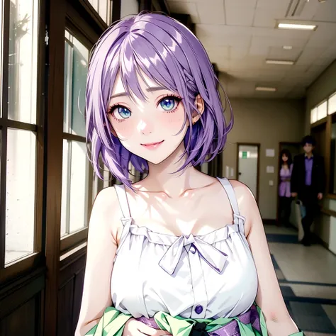 Green Eyes、Toothy smile、Anime girl with purple hair and white top standing in a hallway, Realistic Anime 3D Style, Cute realistic portrait, My Dress Up Darling Anime, Semi-realistic anime, Semi-realistic anime style, Anime-style 3D, Realistic young anime g...