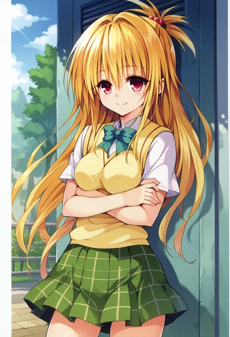 Kentaro Yabuki, love〜fart, ore_9, score_8_superior, score_7_superior BREAK 
konjiki no yami, Red eyes, Blonde, Hair Intake, Long Hair, Hair Pod, , skirt, Sweater vest, View your viewers, A light smile, Portraiture, skirt lift show off panties座りながら