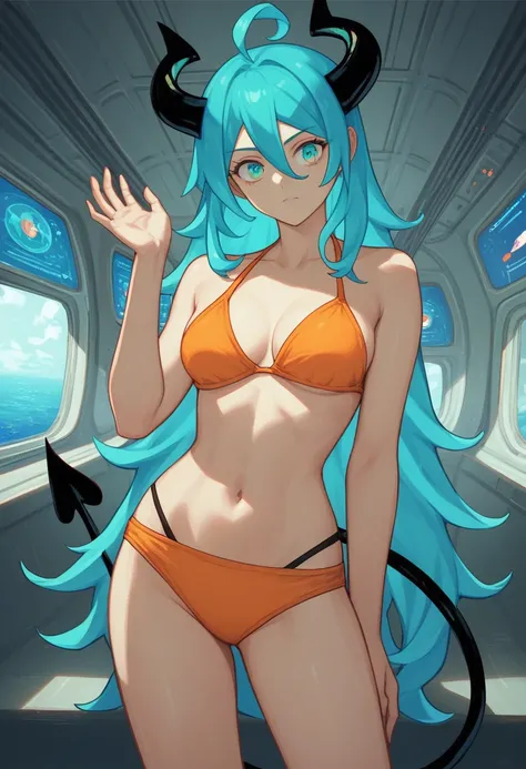 score_9, score_8_up, score_7_up,1 daemon woman, black  horns, black demon tail, (aquamarine hair),aquamarine green color hair,ahoge, long hair, (long hair),bangs, light orange bikini, bikini is orange, bikini orange, orange bikini!, (aquamarine eyes), back...