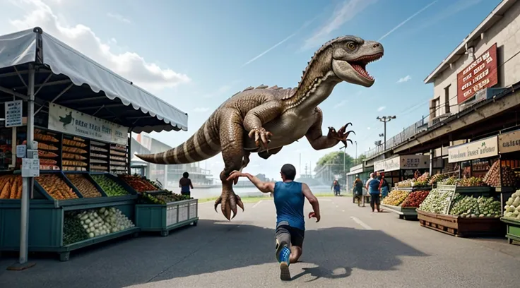 A velociraptor is running away with a fish in his arms，The dinosaur holds a fish in its hand，The background is the seafood market，The vegetable stall owner is chasing behind，Hyperreal，realism，3d