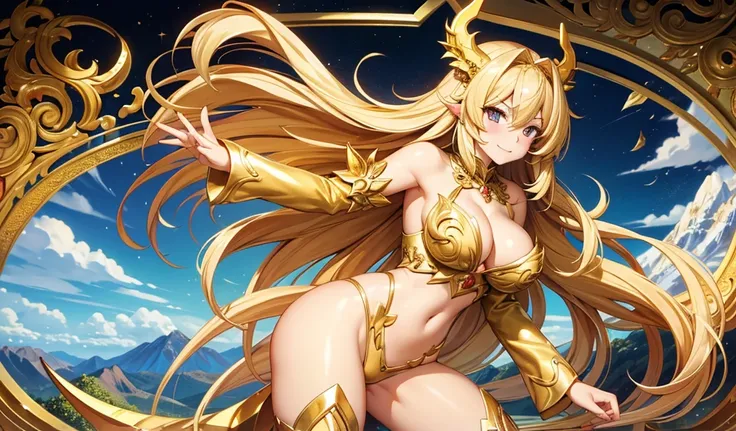 long blonde hair, goddess，cleavage，golden dragon horn,The body has golden dragon scales,golden dragon tail，thigh,thong,mountain cliff