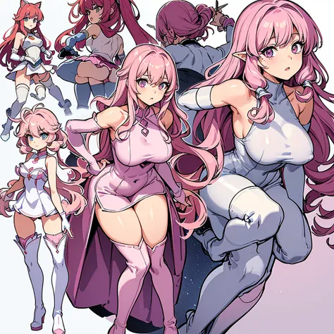 Best illustrations、Best Quality、(Character Sheet:1.3),(The same face:1.1),(One girl、23 years old),Dynamic pose,Medieval Fantasy,accessories,Magic wand,(White Background)、(The pink god、Shortcuts、Curly hair)、(, Bare shoulders, Bodysuits, Fingerless elbow glo...