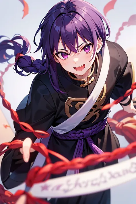 Purple Hair、Red eyes、White background、Anime characters、Knot、Braid、A man wearing black kung fu clothing、Smiling young man、Man standing facing forward、juvenile、（White background）、{{masterpiece}}, The best quality of life