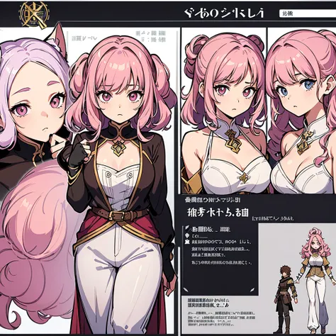 Best illustrations、Best Quality、(Character Sheet:1.3),(The same face:1.1),(One girl、23 years old),Dynamic pose,Medieval Fantasy,accessories,Magic wand,(White Background)、(Pink Hair、Shortcuts、Curly hair)、(Brown witch outfit、pants)