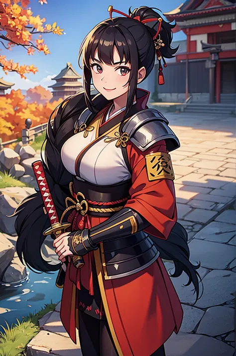 Female, solo, samurai armour, pov, proudly smile, holding katana, sengoku jidai, Japanese castle background