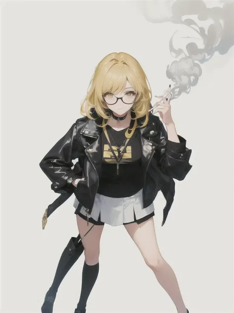 A cool girl with a confident and stylish appearance, showcasing a modern, urban look.

Glasses: Trendy glasses that complement her sharp features and expressive eyes.

Outfit:

Jacket: A fashionable leather jacket with intricate smoke patterns that blend s...