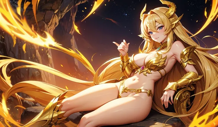 long blonde hair, goddess，cleavage，golden dragon horn,The body has golden dragon scales,golden dragon tail，thigh,thong,mountain cliff