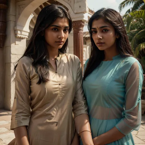 two indian girls in kameez,lesbian sex,intimate,sensual,romantic,detailed,high quality,hyper realistic,beautiful detailed eyes,beautiful detailed lips,extremely detailed face,longeyelashes,warm sunlight,cinematic lighting,vibrant colors,intricate details,m...