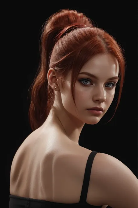 woman with medium-ponytail ,auburn-red-hair,ponytail, pale,soft body, eyeliner,portrait, beautiful woman, beautiful female ,beau...