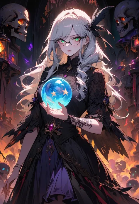 (best quality,4K,Very detailed,Practical:1.2),Mysterious astrologer girl,Pale skin,Long white hair fluttering in the wind,Shiny glasses lenses, She held a glowing sphere in her hand,Emerald eyes,Sharp eyes,The strange tattoo on her arm,Crystal Ball,Skull a...