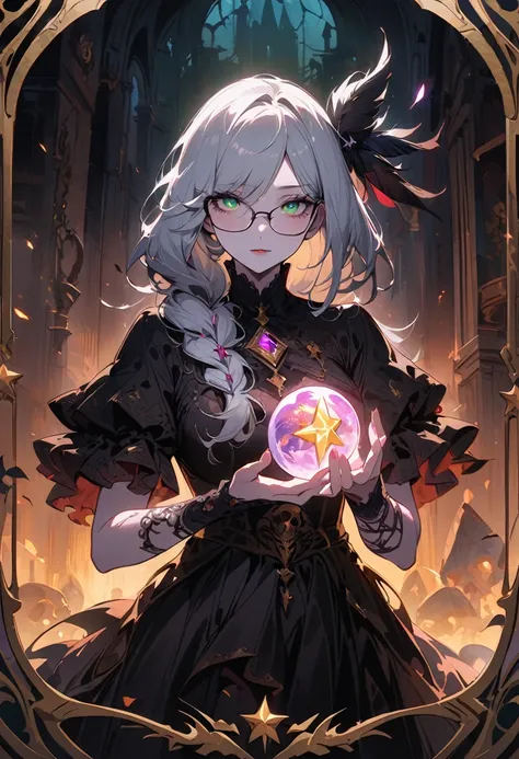 (best quality,4K,Very detailed,Practical:1.2),Mysterious astrologer girl,Pale skin,Long white hair fluttering in the wind,Shiny glasses lenses, She held a glowing sphere in her hand,Emerald eyes,Sharp eyes,The strange tattoo on her arm,Crystal Ball,Skull a...