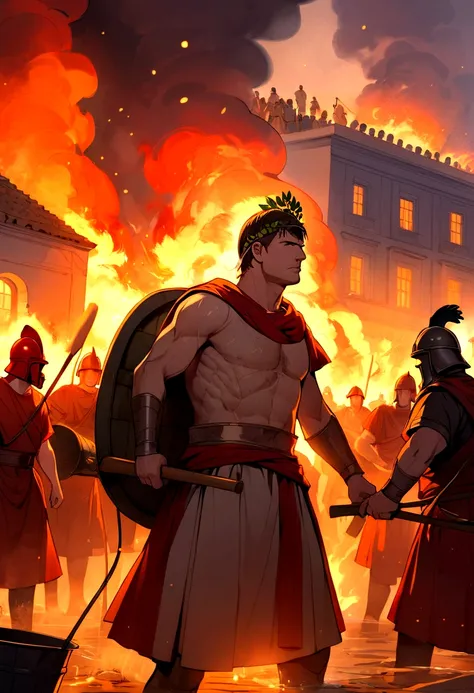 "A detailed image of Marcus Crassuss personal brigade of 500 firefighters, dressed in ancient Roman attire, using buckets of water and primitive tools to extinguish a fire in a burning building. Crassus, wearing a laurel wreath, stands in the background ov...