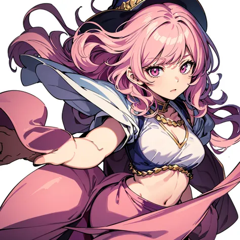 Best illustrations、Best Quality、(Solo)、(The same face:1.1),(One girl、23 years old),Dynamic pose,Medieval Fantasy,accessories,Magic wand,(White Background)、(Pink Hair、Medium Hair、Curly hair)、(Brown witch outfit、pants)