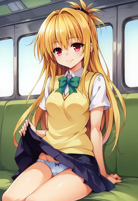 Kentaro Yabuki, love〜fart, ore_9, score_8_superior, score_7_superior BREAK 
konjiki no yami, Red eyes, Blonde, Hair Intake, Long Hair, Hair Pod, , skirt, Sweater vest, View your viewers, A light smile, Portraiture, in the train,Sitting skirt lift (show off...