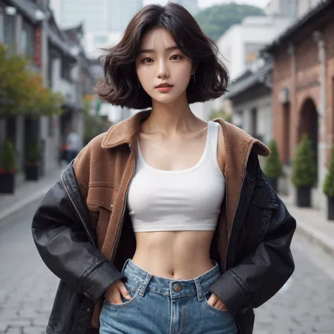 Beautiful young Korean female walking confidently down a cobblestone street in casual, stylish outfits with jackets, shirts, and jeans, medium chest. The backdrop is a vintage urban setting with buildings and greenery, blending modern style with a cool urb...