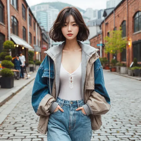 Beautiful young Korean female walking confidently down a cobblestone street in casual, stylish outfits with jackets, shirts, and jeans, medium chest. The backdrop is a vintage urban setting with buildings and greenery, blending modern style with a cool urb...