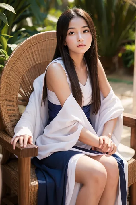 A young female fortune teller sitting in a chair and telling fortunes