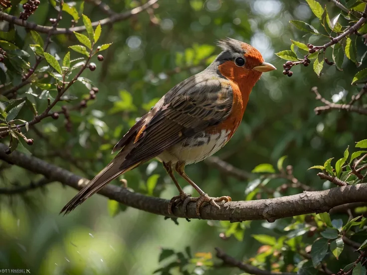 a robin perched on a branch, detailed feathers, birds eye view, warm sunlight, lush greenery, intricate textures, photorealistic, (best quality,4k,8k,highres,masterpiece:1.2),ultra-detailed,(realistic,photorealistic,photo-realistic:1.37),HDR,studio lightin...