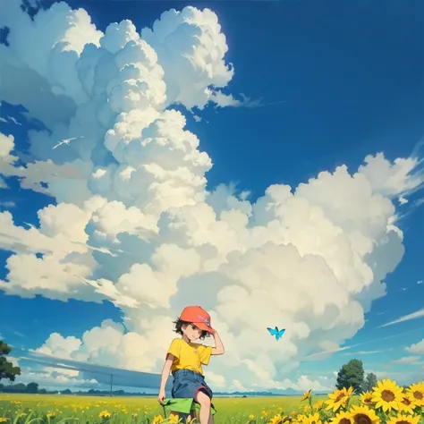 Summer blue sky、　Cumulonimbus、Green Field、Boy with a butterfly net