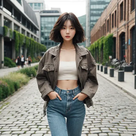 Beautiful young Korean female walking confidently down a cobblestone street in casual, stylish outfits with jackets, shirts, and jeans, medium chest. The backdrop is a vintage urban setting with buildings and greenery, blending modern style with a cool urb...