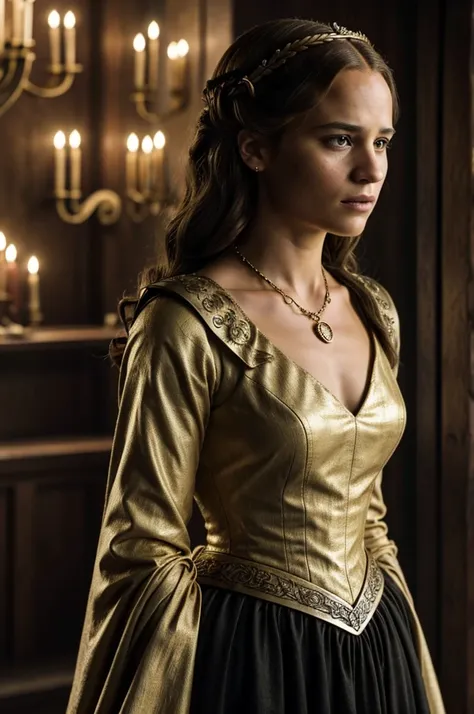 Alicia vikander as lady lannister, game of thrones, medieval dress long, black hair, gold necklace, casterly rock 