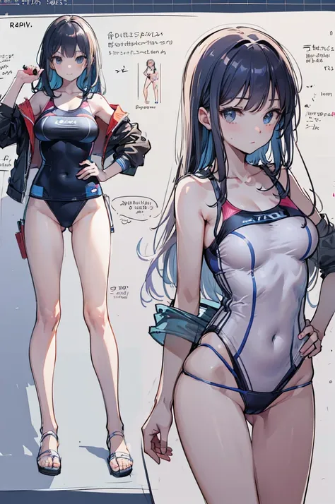 swimsuit, multiple views, pencil sketch, (sketch:1.25), best quality, Line draft, highres, (ultra-detailed:1.1), (illustration:1.1), (infographic:1.2), (solo), perfectly drawn hands, standing, cohesive background, paper, action, (character design:1.1),