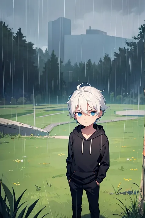 Young boy, solo, white hair, blue eyes, black long arm shirt, wearing hoodie, blue long pant, be sad, innocent, standing, grass field background, grey atmosphere, raining time, masterpiece, pov, portrait