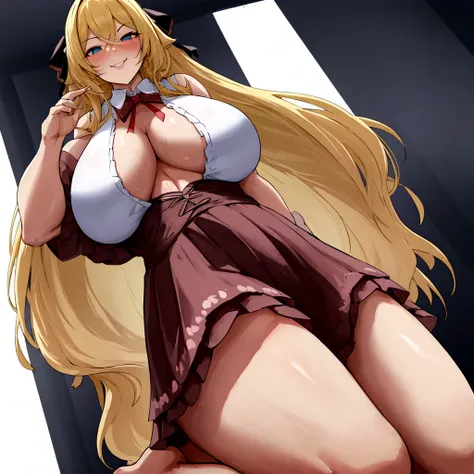 {full body},{1girl},{{sitting}},wariza,looking down,from below,{upskirt},dynamic angle, dynamic cut,naughty smile,macrophilia,{white wings},{angel},{{very muscular}},{{very muscle}},{very curvy},{very big woman},{very gigantic woman},{very strong woman},{v...