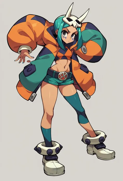 Skullgirl cerebella character, with his characteristic clothes , full body size, full body and shoes