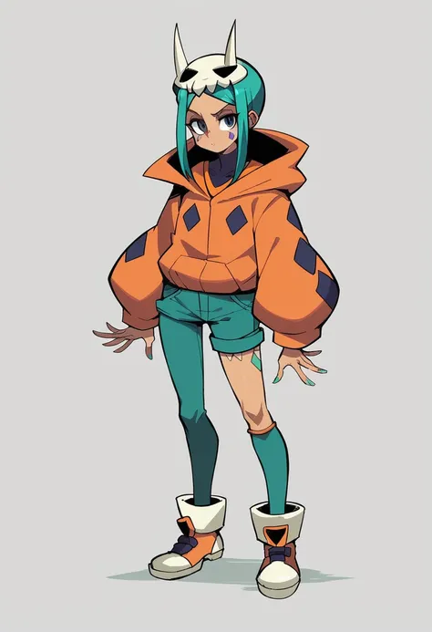 Skullgirl cerebella character, with his characteristic clothes , full body size, full body and shoes