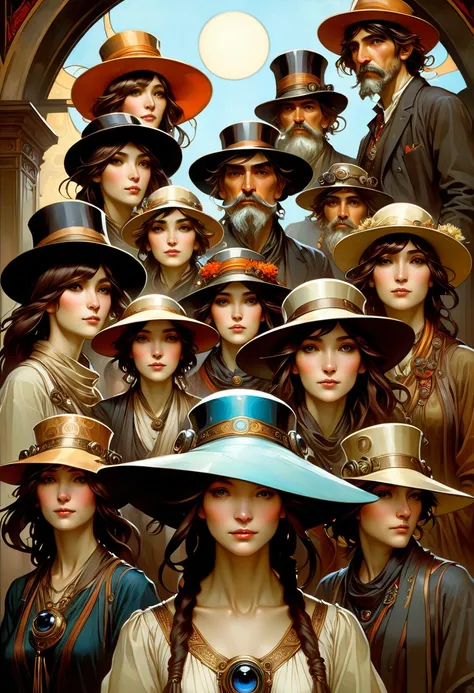 The Hats Have Eyes, different immersive, Unambiguously Biological, Nekro Borja,  Tarmo Juhola, Craig Mullins, Alphonse Mucha, Hiroshi Yoshida, Peter Mohrbacher James jean, Mucha, Klimt --w 4000 --h 6000