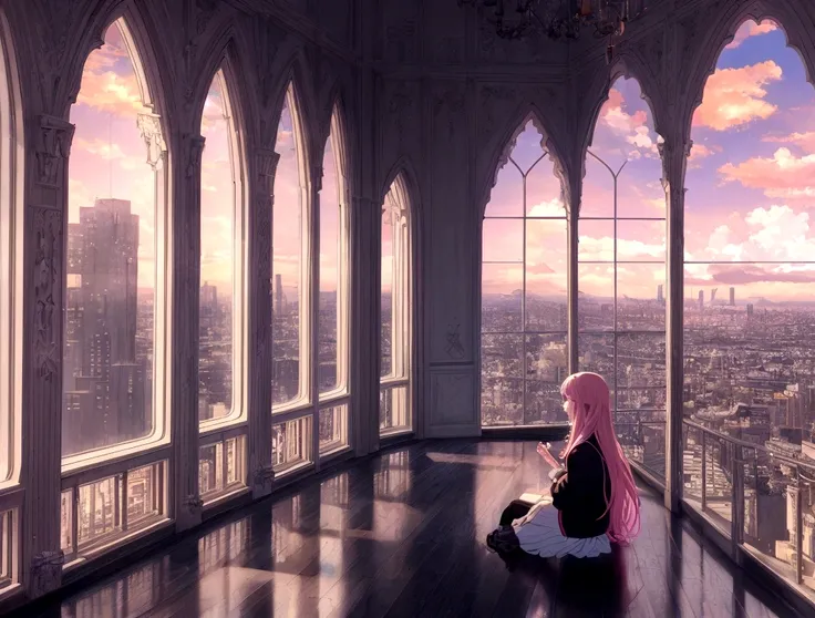 Absurd, High resolution, (Official Art, beautifully、aesthetic:1.2), Bright Sky, A vast world, girl, Sit by the window and look outside, Awe-inspiring expressions, light pink long hair, Lo-fi Girl, Kaisei and Artgelm, Anime atmosphere, Lofi Artstyle, Anime ...