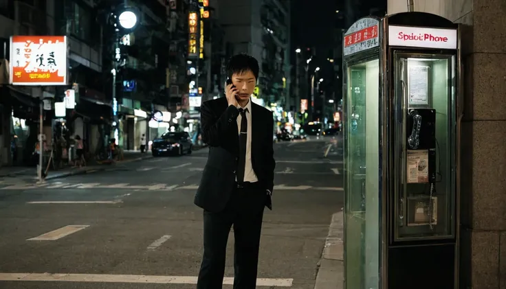 midnight、Public phone on the street corner、Man in black suit