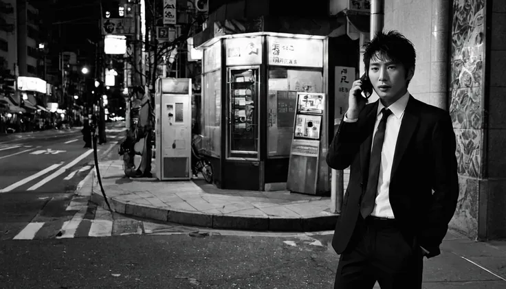 midnight、Public phone on the street corner、Man in black suit