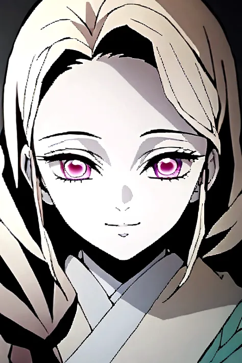 a girl, white skin, light blonde long hair, pink eyes, light yellow eyelashes, wearing a kimono, smiling. kimetsu no yaiba